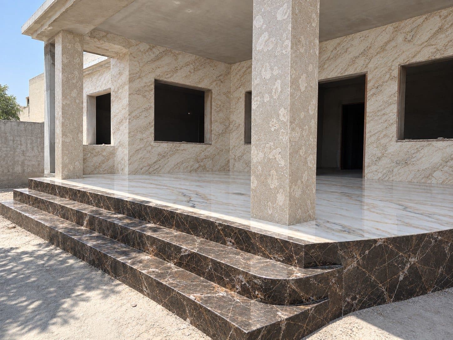 The same porch finished in stone: cream marble walls and pillars, a white marble floor and chocolate marble steps
