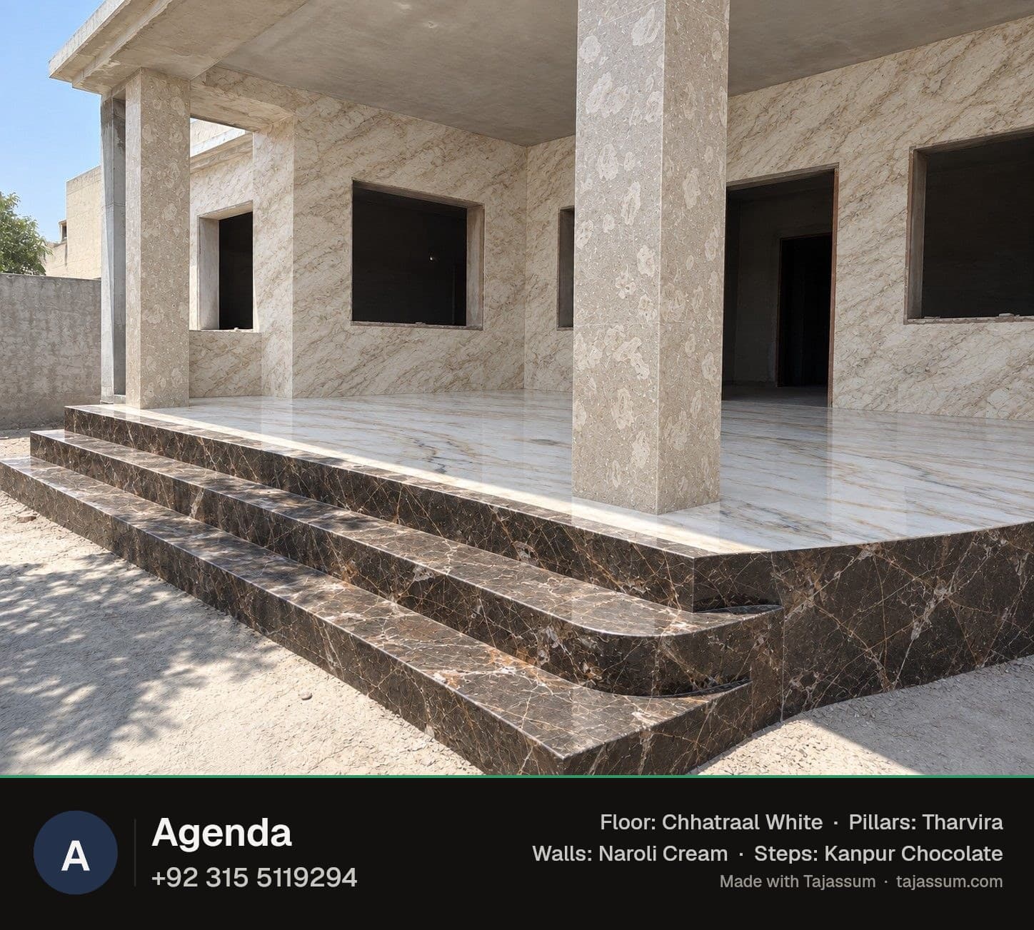 The finished porch, with a dark strip under it showing the seller's logo, the name Agenda, the phone number and the stones used