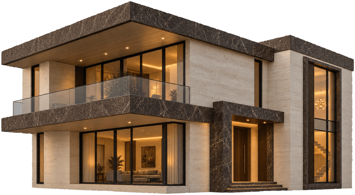 A modern house clad in cream travertine with dark brown marble bands, lit from inside at dusk
